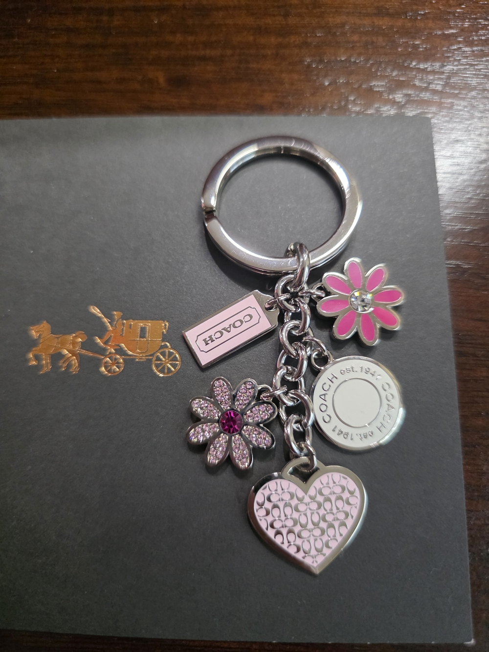 *SOLD* Coach Pink Floral Heart Key Ring Charm with Logo Tag